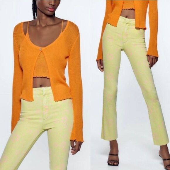 Zara Green Pin Floral Raw Hem Bootcut Jeans Womens Size US 4 - Picture 1 of 11